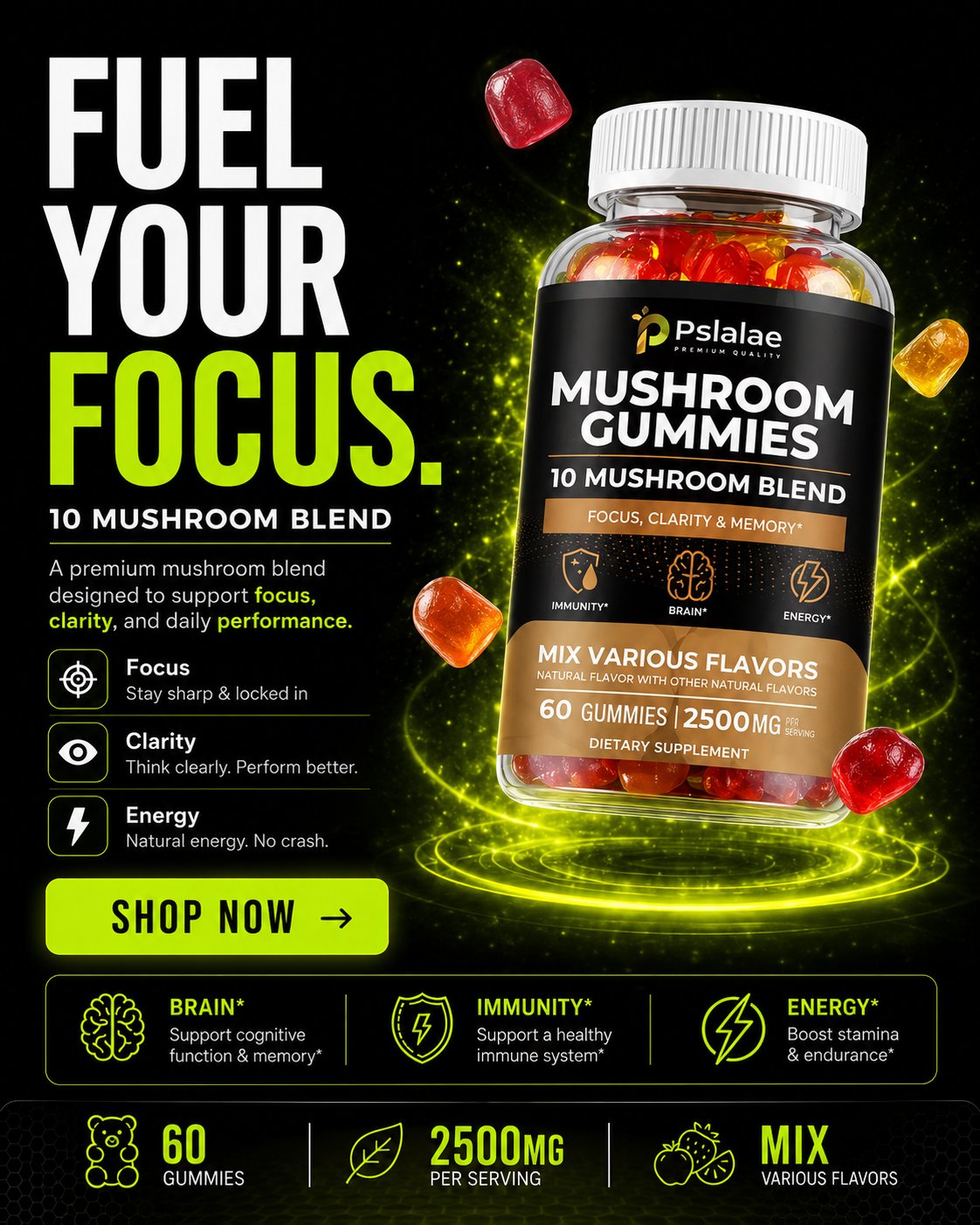 MYCŌ Mushroom Gummies — neon green mushroom glow