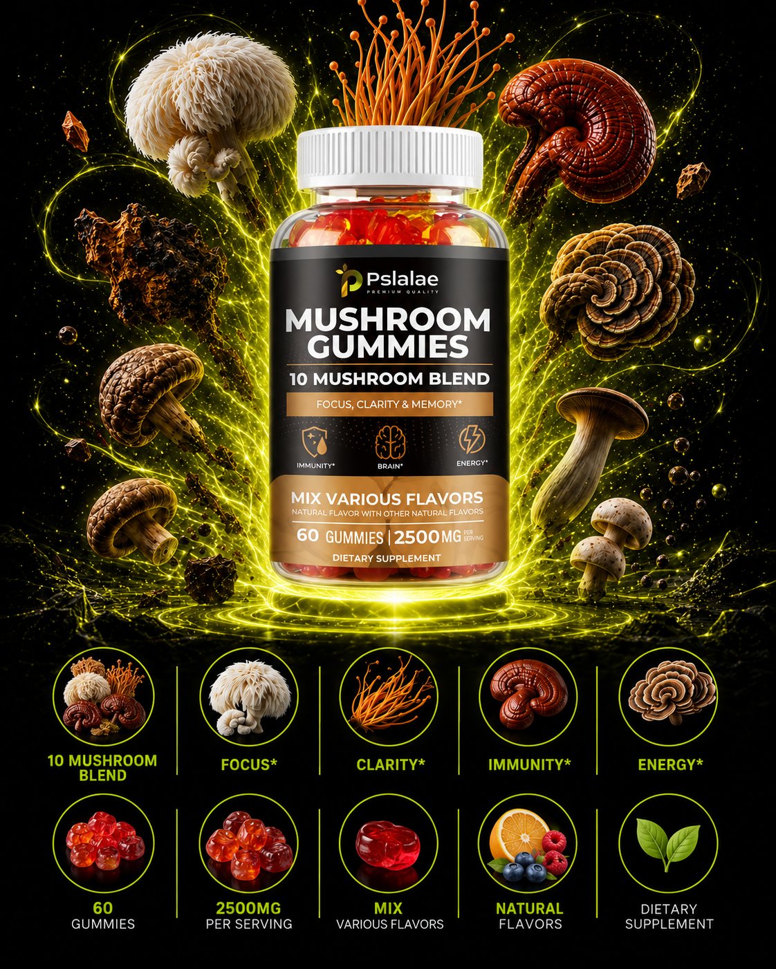 10 Mushroom Blend — all species surrounding the gummy bottle